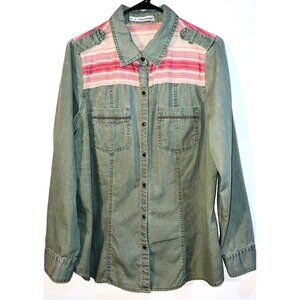 Maurices Women's Size 0 Button-Up Long Sleeve Shirt Olive & Pink Striped Yoke